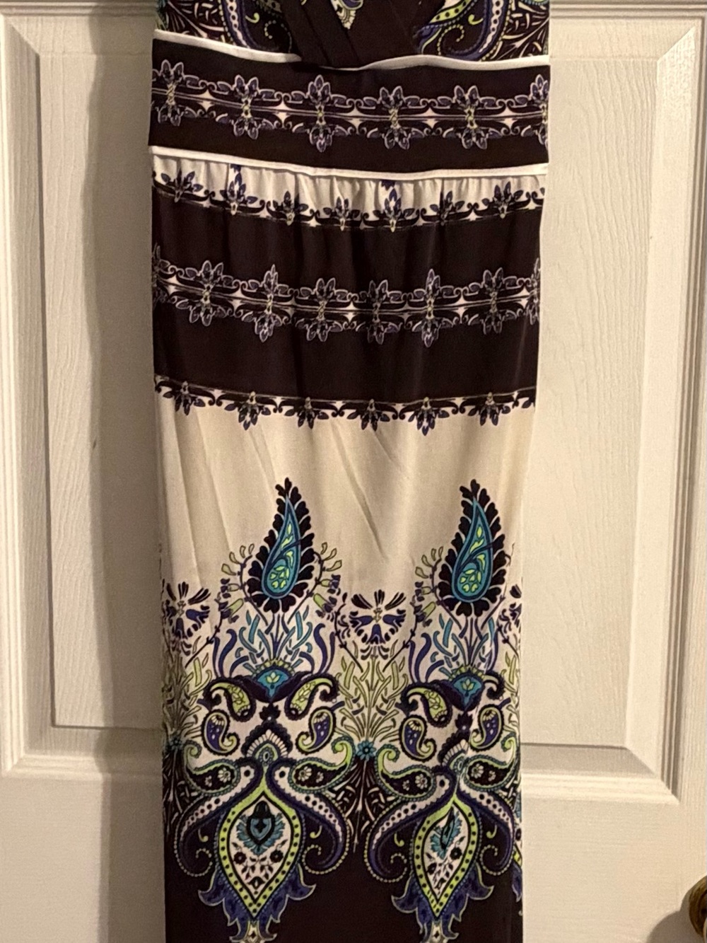 Brown Paisley Print Maxi Dress with Teal & Cream Accents